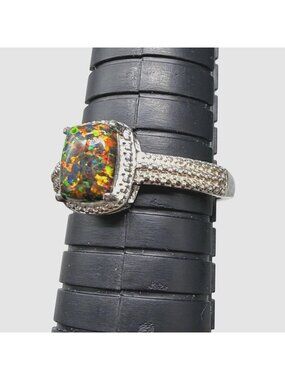 STS Ring Lab Created Black Fire Opal Engagement Sterling Silver Sz 10